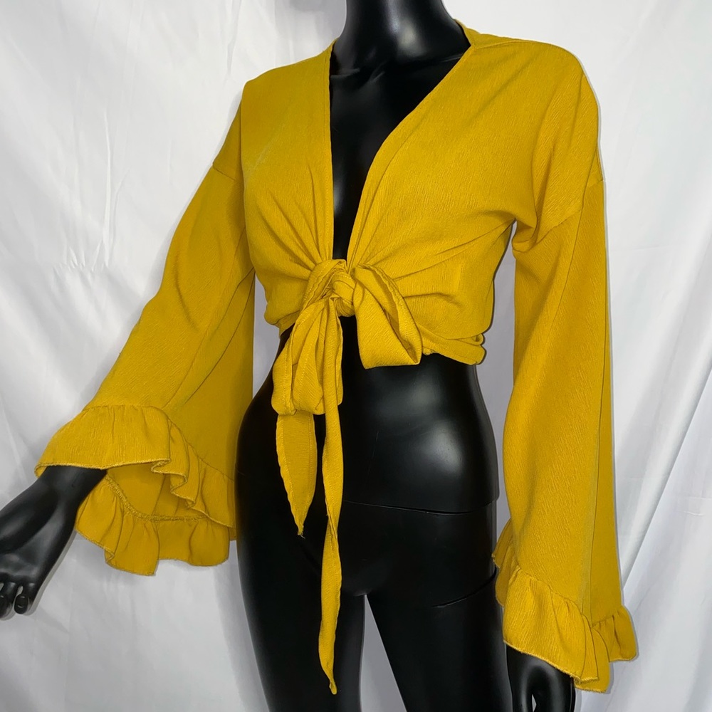 Yellow Front Tie Ruffle Sleeve Top